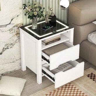 EDWINRAY Multifunctional Storage Nightstand with 2 Drawers and an open shelf, Wireless Charging with adjustable LED