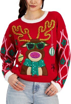 Juniors' Embellished Sunglasses Reindeer Ugly Christmas Sweater