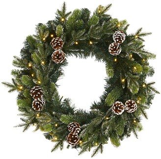 Snowed Pinecone Artificial Christmas Wreath with 35 Clear Led Lights