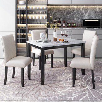 EHEK Texture Marble Rectangular Dining Table with 4 Thicken Cushion Dining Chairs, 5-Piece Dining Table Set for Small Space