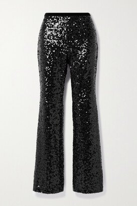 Journee Velvet-trimmed Sequined Crepe Straight-leg Pants - Black