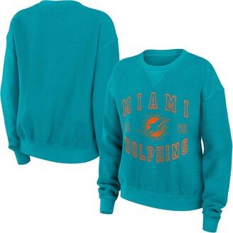 Women's Wear by Erin Andrews Aqua Distressed Miami Dolphins Vintage-Like Corduroy Pullover Sweatshirt