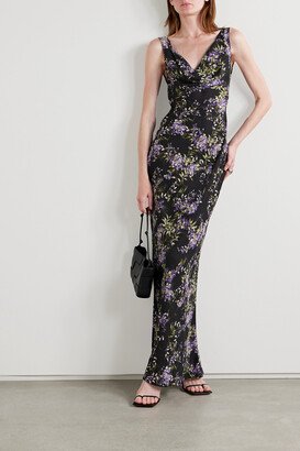 Draped Floral-print Georgette Gown - Black