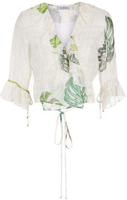 Palm Leaf Print Ruffle Blouse