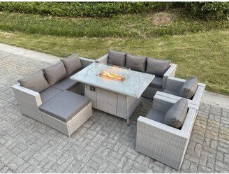 Fimous Rattan Set Gas Fire Pit Dining Table Heater Burner Lounge Sofa Set Cha