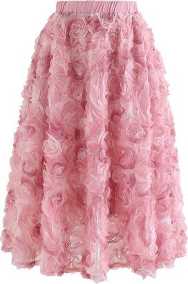 CHICWISH Women's 3D Pinky Rose Mesh Tulle Elastic Waist Skirt