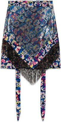 Fringed Floral Printed Asymmetric Mini Skirt