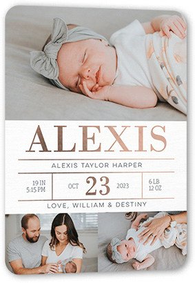 Birth Announcements: Radiant Stats Birth Announcement, Rose Gold Foil, White, 5X7, Matte, Personalized Foil Cardstock, Rounded