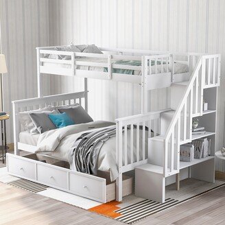 DECO Stairway Twin-Over-Full Bunk Bed with Drawer, Storage and Guard Rail for Bedroom, Dorm, for Adults, White color