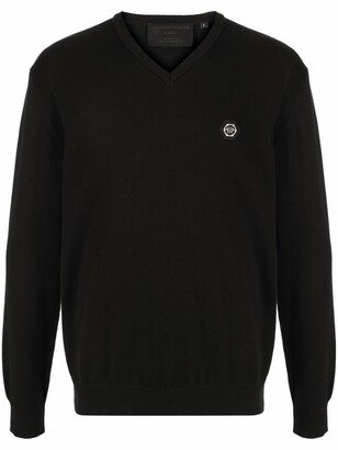 logo-patch V-neck jumper-AA