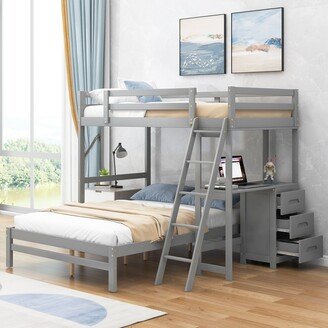 DECO Twin over Full Bunk Bed with Built-in Desk and Three Drawers,Grey