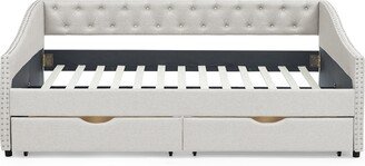 BESTCOSTY Full Size Upholstered Daybed, Tufted Sofa Bed W/ Pull-out Drawers