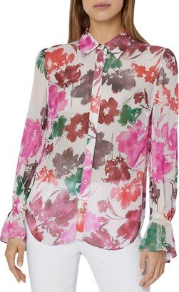 Petites Womens Floral Printed Collared Button-Down Top