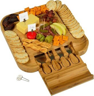 Bamboo Cheese Board with Cracker Groove & Integrated Drawer w/Cheese Serving Set & Markers