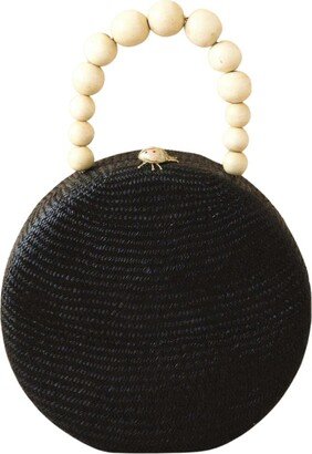 Likhâ Black Round Classic Handbag With Wood Handle - Straw Bag