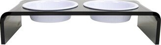 Hiddin Small Smoke Grey Double Bowl Pet Feeder With White Bowls