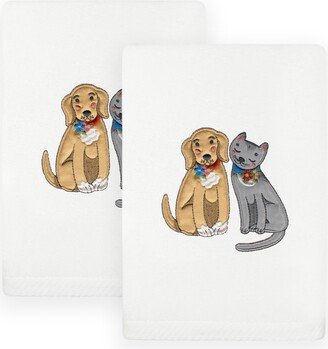 Linum Home Textiles Spring Dog and Cat Embroidered Luxury 100% Turkish Cotton Hand Towels, Set of 2, 30