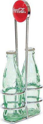 Collections Etc Retro Glass Bottles Salt and Pepper Shakers Set - with Lids, Holder, Caddy - For Pizzeria, Camping, Picnic, Crafts, Restaurant - Glass