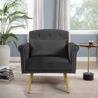 EYIW Velvet Upholstered Armchair with Padded Seat, 2 Handy Pockets and Golden Metal Legs for Living Room