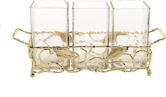 Gold-Tone Leaf Cutlery Holder with Hammered Glass Inserts