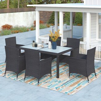 7-piece Outdoor Wicker Dining Table Set with Beige Cushion