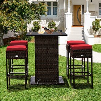 5PCS Patio Rattan Bar Table Stool Set Hidden Storage Shelf-AA