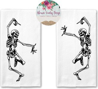 Dancing Skeletons Halloween Tea Towels, Set Of 2 , Kitchen Towel, Dish Waffle Weave Farmhouse Kitchen, Towel