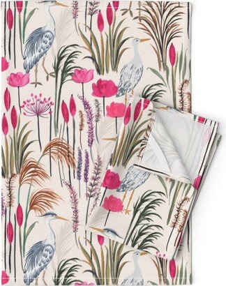 Heron Swamp Tea Towels | Set Of 2 - Marshland Meadow By Jill O Connor Nature Birds Plants Linen Cotton Spoonflower