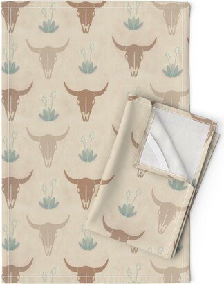 Southwestern Boho Tea Towels | Set Of 2 - Western Buffalo Skulls By Adrianne Vanalstine Earth Tone Linen Cotton Spoonflower