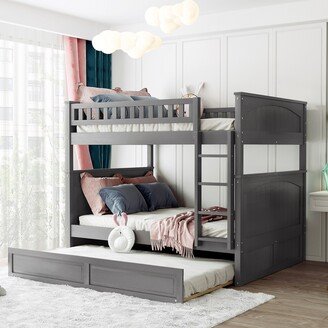 EDWINRAY Full Over Full Bunk Bed with Trundle, Detachable Pine Wood Bunk Beds with Ladder & Length Guardrail, for Kids Teens Adults, Grey