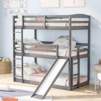 GEROJO Twin Size Triple Floor Bunk Bed with Adjustable Slide & Ladder