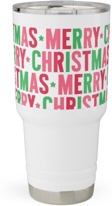 Travel Mugs: Merry Christmas Uppercase - Green, Pink, Red Travel Tumbler, 30Oz, Multicolor