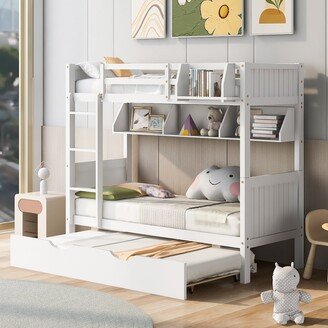 Calnod Twin over Twin Solid Wood Bunk Bed with Twin Size Trundle & Bookshelf - Separable into 2 Beds - Multifunctional Area for Bedroom