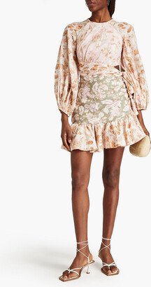 Cutout floral-print linen mini dress