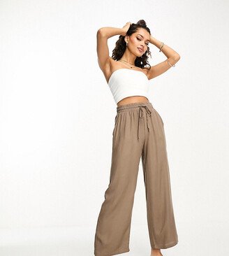 Vila Petite tie waist wide leg pants in stone