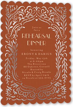 Rehearsal Dinner Invitations: Wonderful Weave Rehearsal Dinner Invitation, Orange, Silver Foil, 5X7, Matte, Signature Smooth Cardstock, Scallop