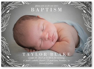 Baptism Invitations: Ornate Floral Frame Baptism Invitation, White, 5X7, Standard Smooth Cardstock, Square