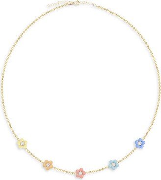 Love Is Love 14K Gold Vermeil, French Enamel & Pave Candy Pastel Multi Flower Nacklace