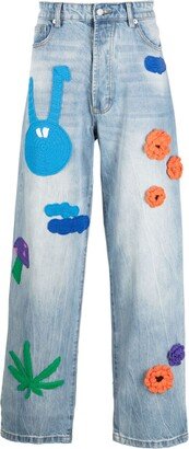 Blue Knit Patches Wide-Leg Jeans