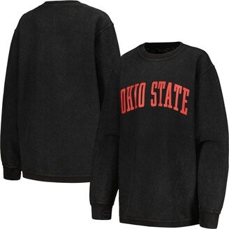 Women's Pressbox Black Distressed Ohio State Buckeyes Comfy Corded Vintage-Like Wash Basic Arch Pullover Sweatshirt