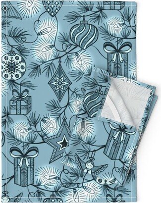 Christmas Tree Toile Tea Towels | Set Of 2 - Joys Of Decorating By Tigatiga Light Blue Vintage Linen Cotton Spoonflower