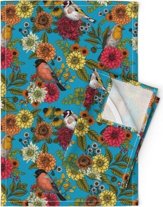 Vibrant Flower Tea Towels | Set Of 2 - Garden Birds & Flowers By Katerina Kirilova Songbirds Linen Cotton Spoonflower