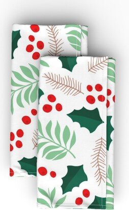 Cloth Napkins: Botanical Christmas Garden Pine Leaves Holly Branch Berries - Green And Red Cloth Napkin, Longleaf Sateen Grand, Green