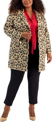 Plus Size Animal-Print Notched-Collar Coatigan - Camel/Black