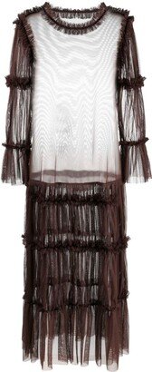 Sheer long length ruffle trim blouse