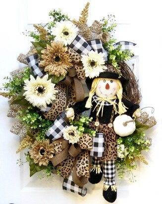 Fall Wreaths, Fall Front Door Wreath, Scarecrow Wreath, Sunflower Buffalo Check Decor, Animal Print Farmhouse