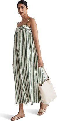 Poplin Ruffle A-Line Midi Dress in Stripe (Versailles Green) Women's Clothing