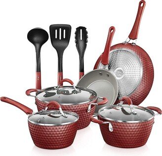 Metallic Nonstick Ceramic Cooking Kitchen Cookware Pots and Pans with Lids, Utensils, and Cool Touch Handle Grips, 11 Piece Set, Red