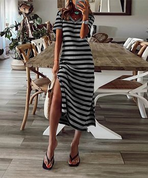 Black & Gray Stripe Side-Slit V-Neck Maxi Dress - Women