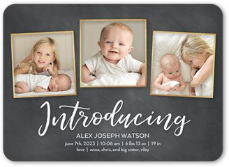 Birth Announcements: Script Introductions Birth Announcement, Black, 5X7, Pearl Shimmer Cardstock, Rounded